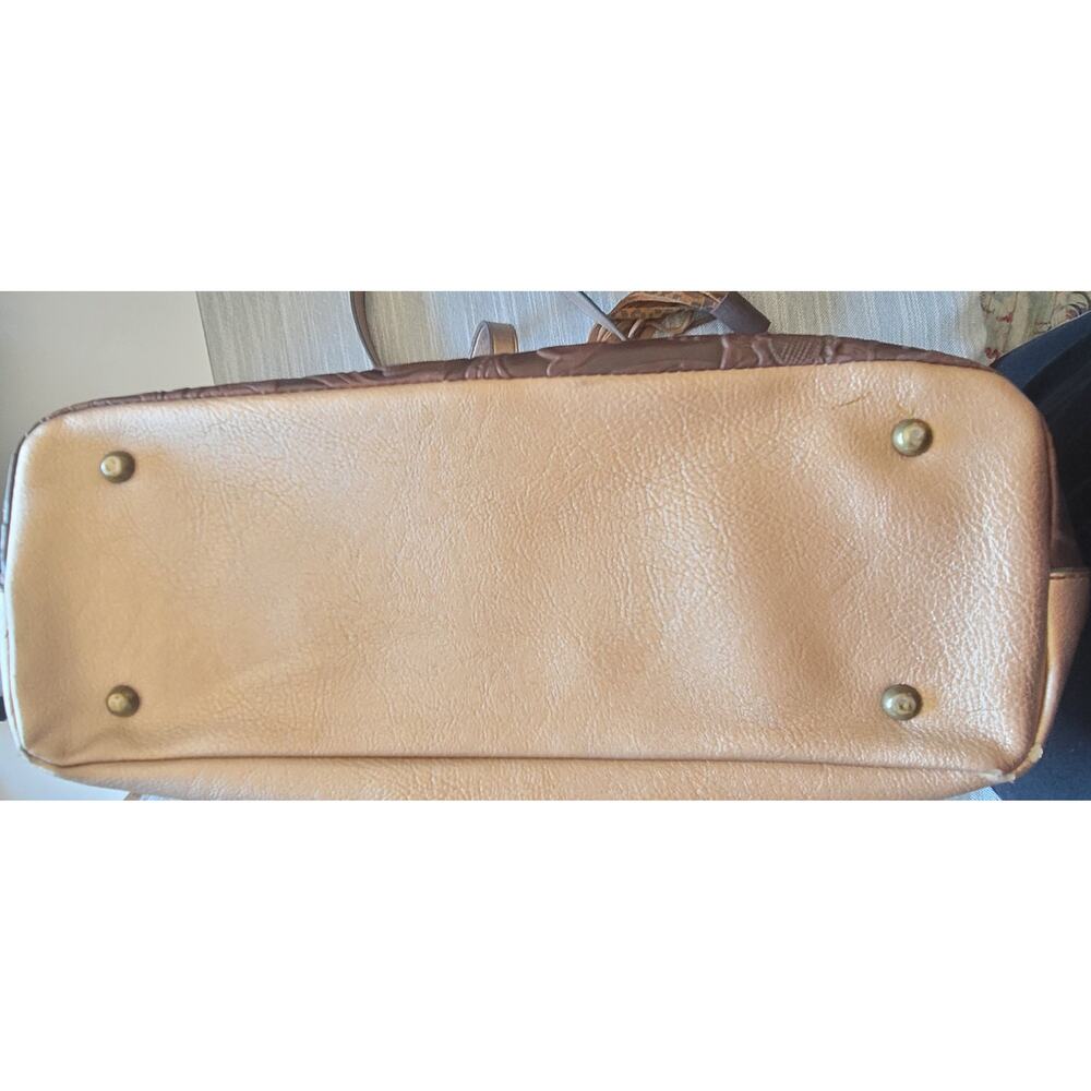 Brown Embossed Vegan Leather Carry Bag Metallic Bronze Base Leopard Print Tassel - Picture 10 of 11
